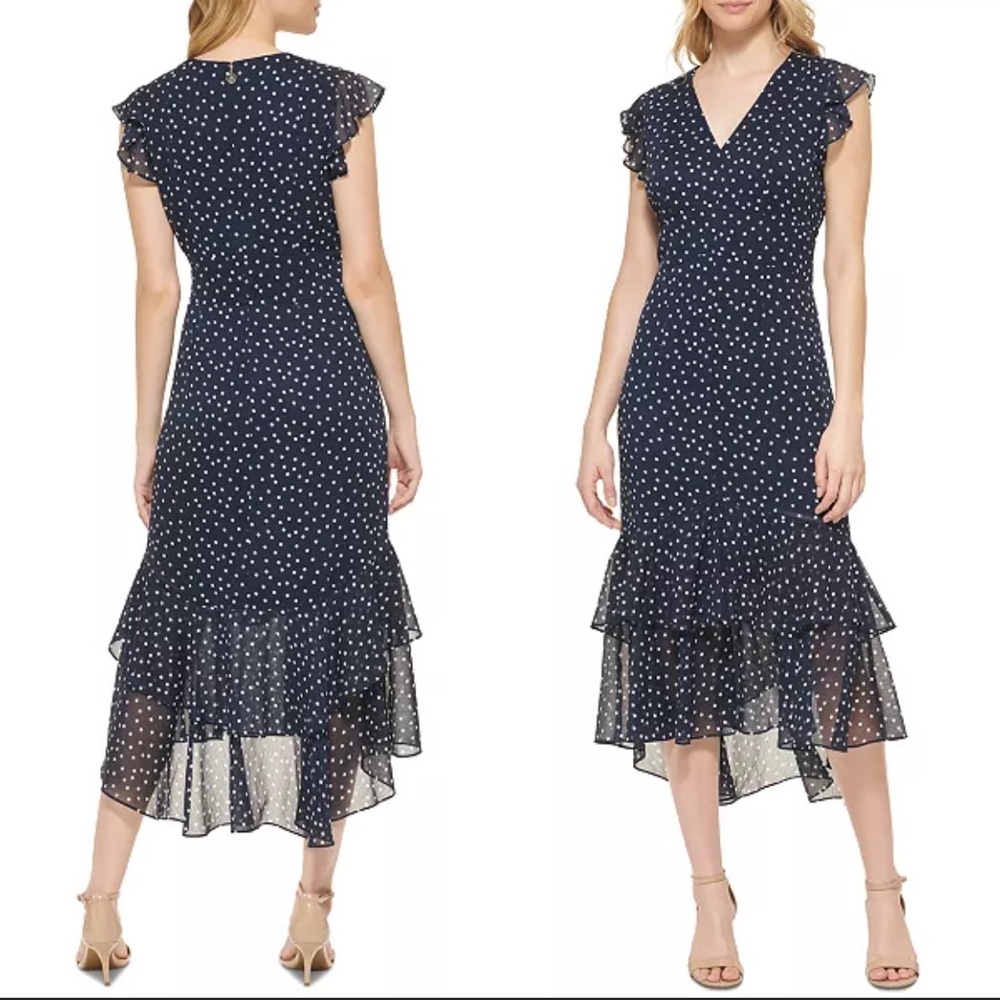 TOMMY HILFIGER Navy High Low Polka Dot Dress with ruffles size 8